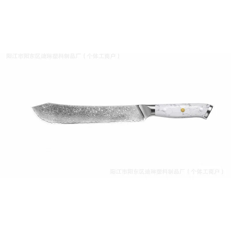 Damascus pattern chef's knife with a 21cm VG10 steel blade on a dark background.