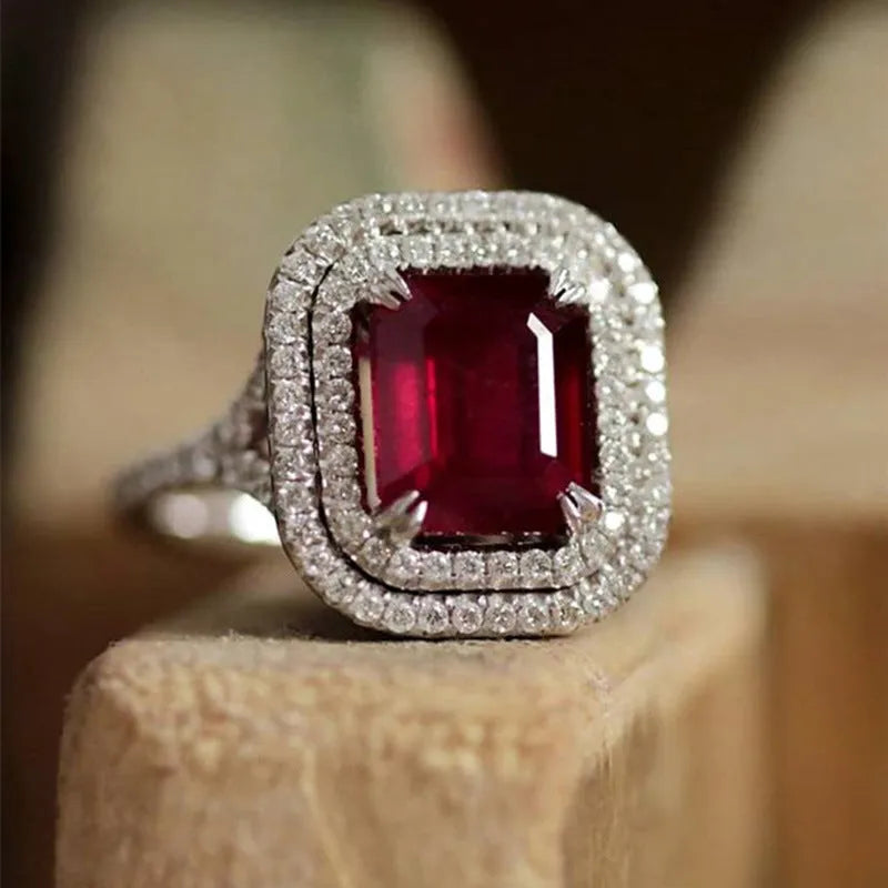 Women's copper geometric square rhinestone ring in F827 Red colour showing princess-style design