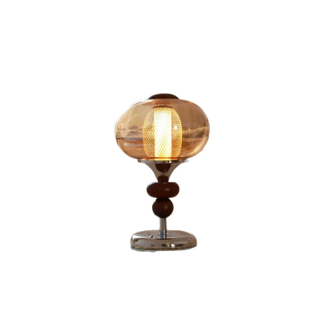 Solid wood retro palace table lamp with USB cable and touch controls on desk.