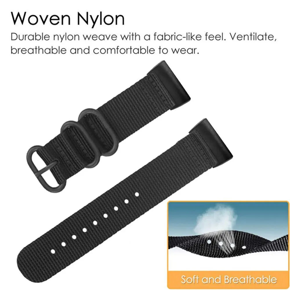 Fitbit Charge nylon replacement watch strap with a three-ring metal buckle shown in Army Green colour.