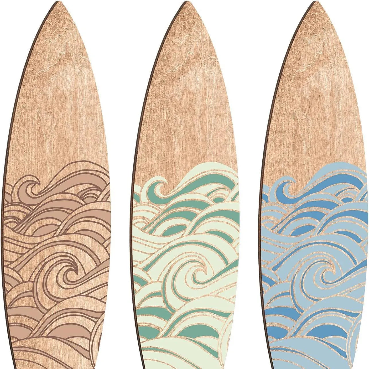 Three identical wooden surfboard wall decorations with natural wood finish