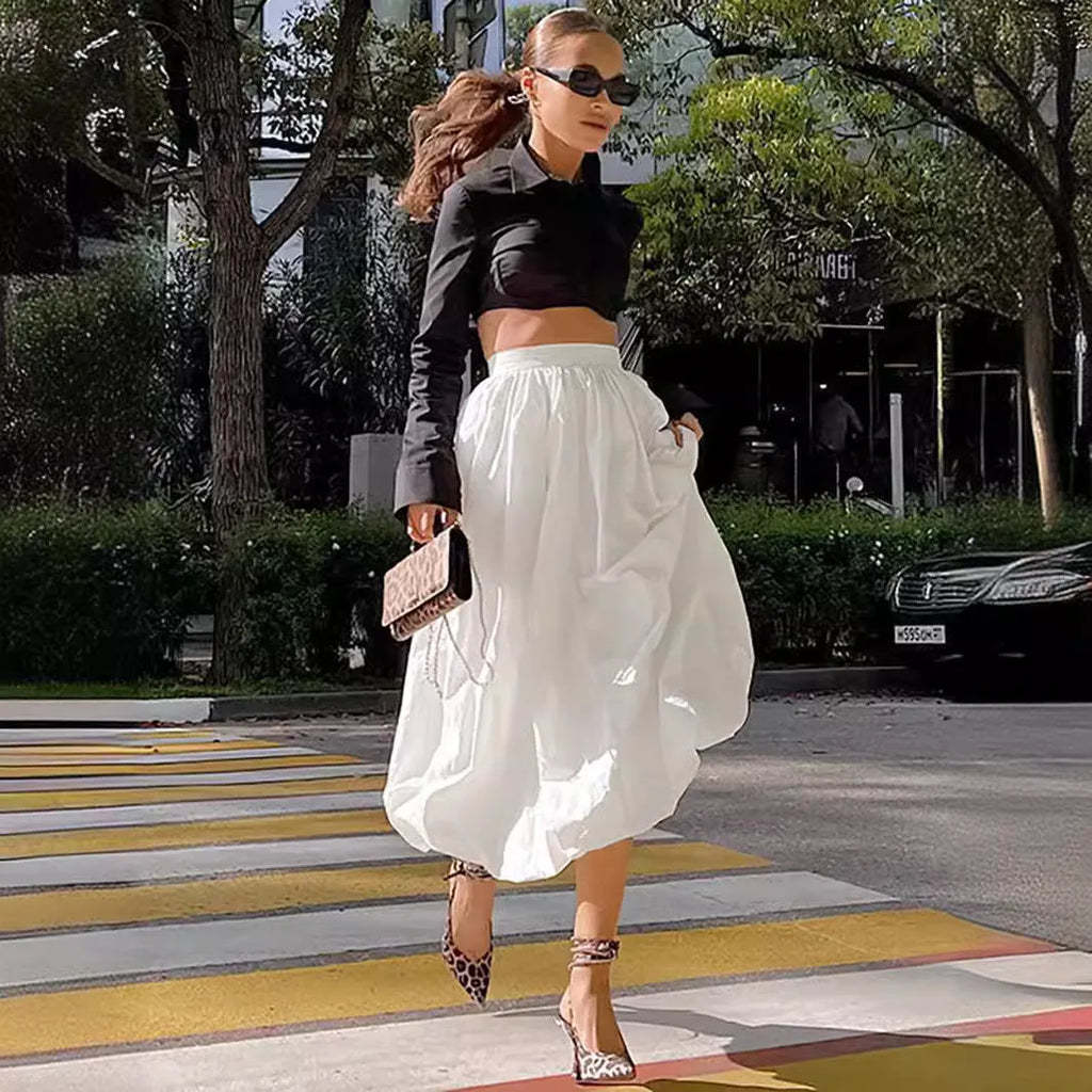 Women's cotton solid colour long skirt in black or white with inelastic construction