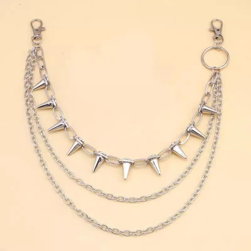 Silver double layer punk pants chain with rivets and zipper ornament, 115cm alloy hip hop accessory for women