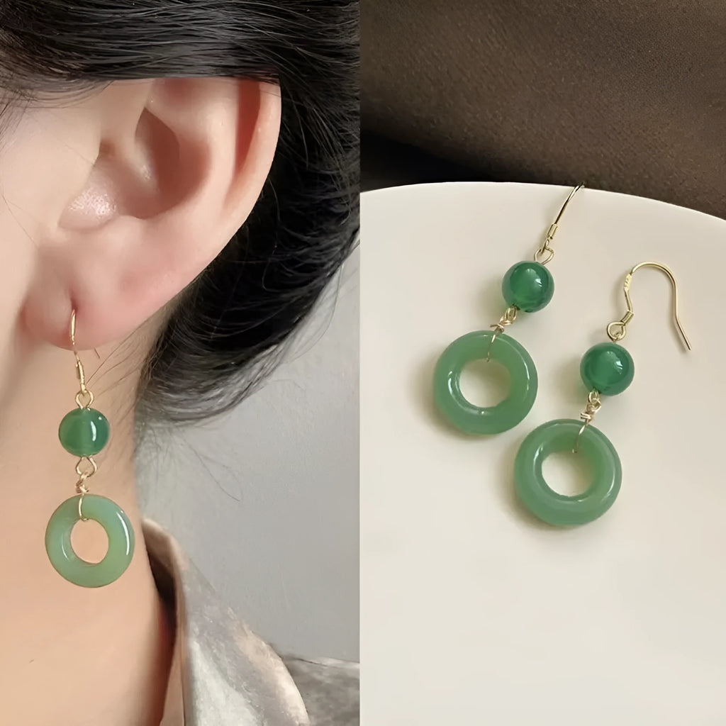 Pair of Chinese style geometric peace buckle earrings with green jade colour and gold plating