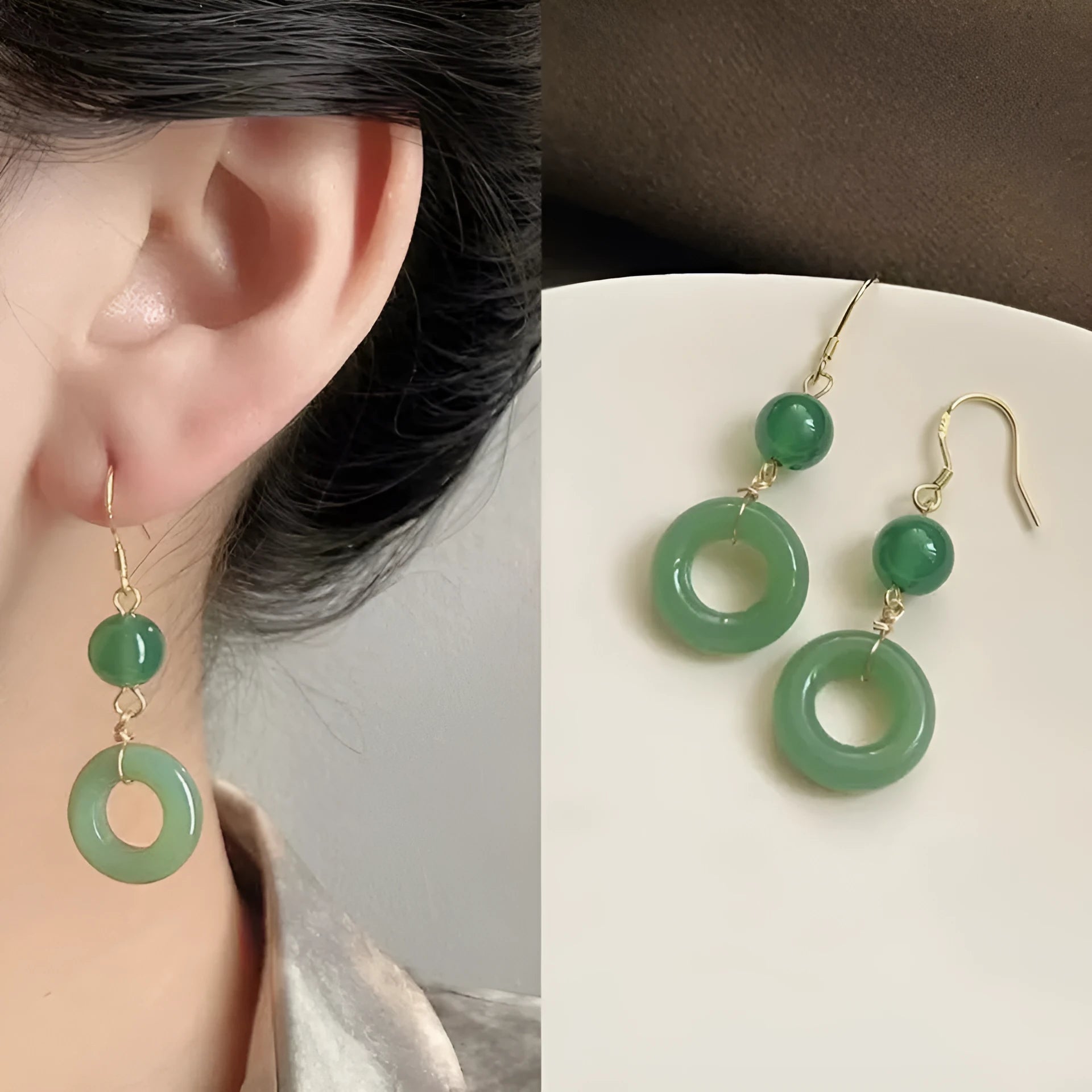 Pair of Chinese style geometric peace buckle earrings with green jade colour and gold plating