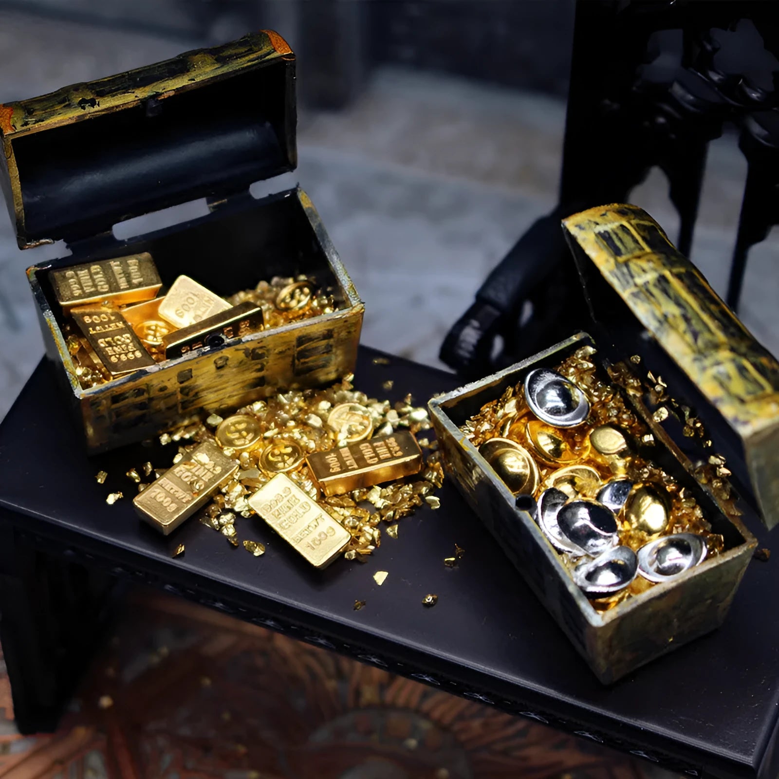 Alloy gold coin treasure box doll house miniature ornaments with gold bar combinations