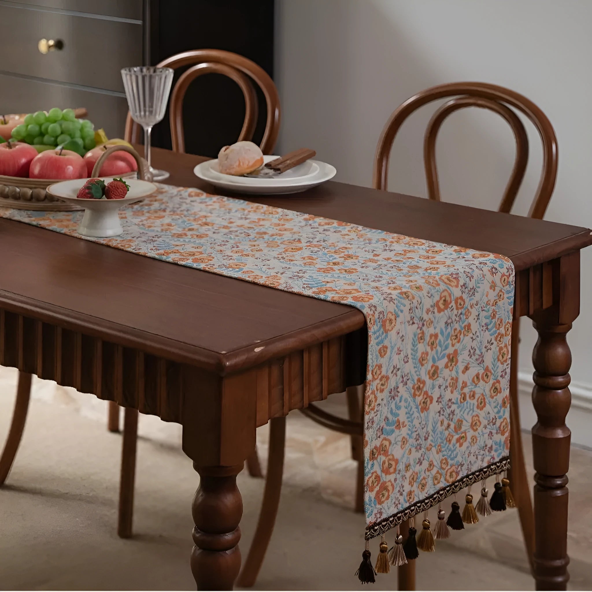 American-style jacquard table runner with long tassels, floral patterns, available in multiple colours and sizes