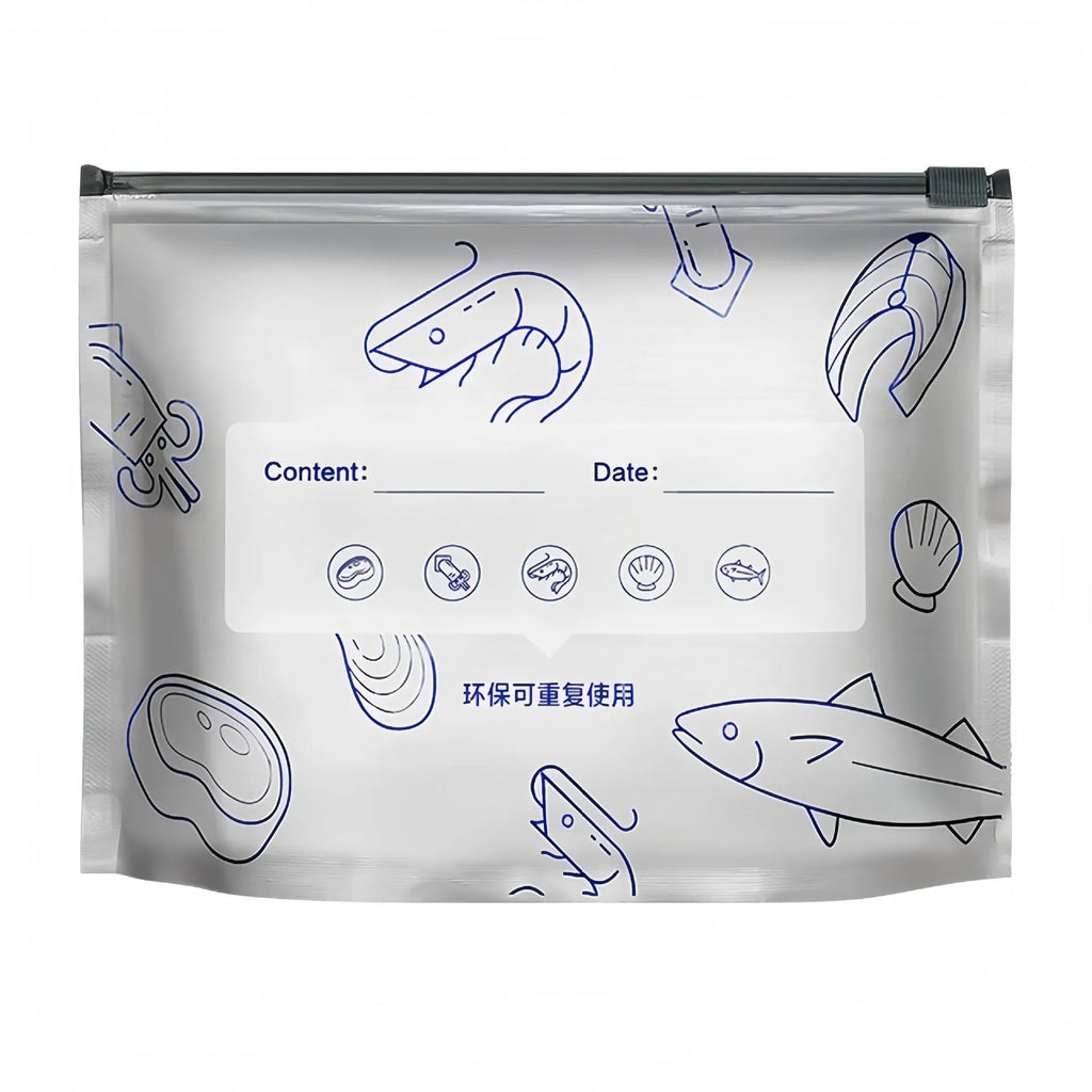 Set of aluminium foil sealed food storage bags and boxes in three different sizes on a kitchen counter.