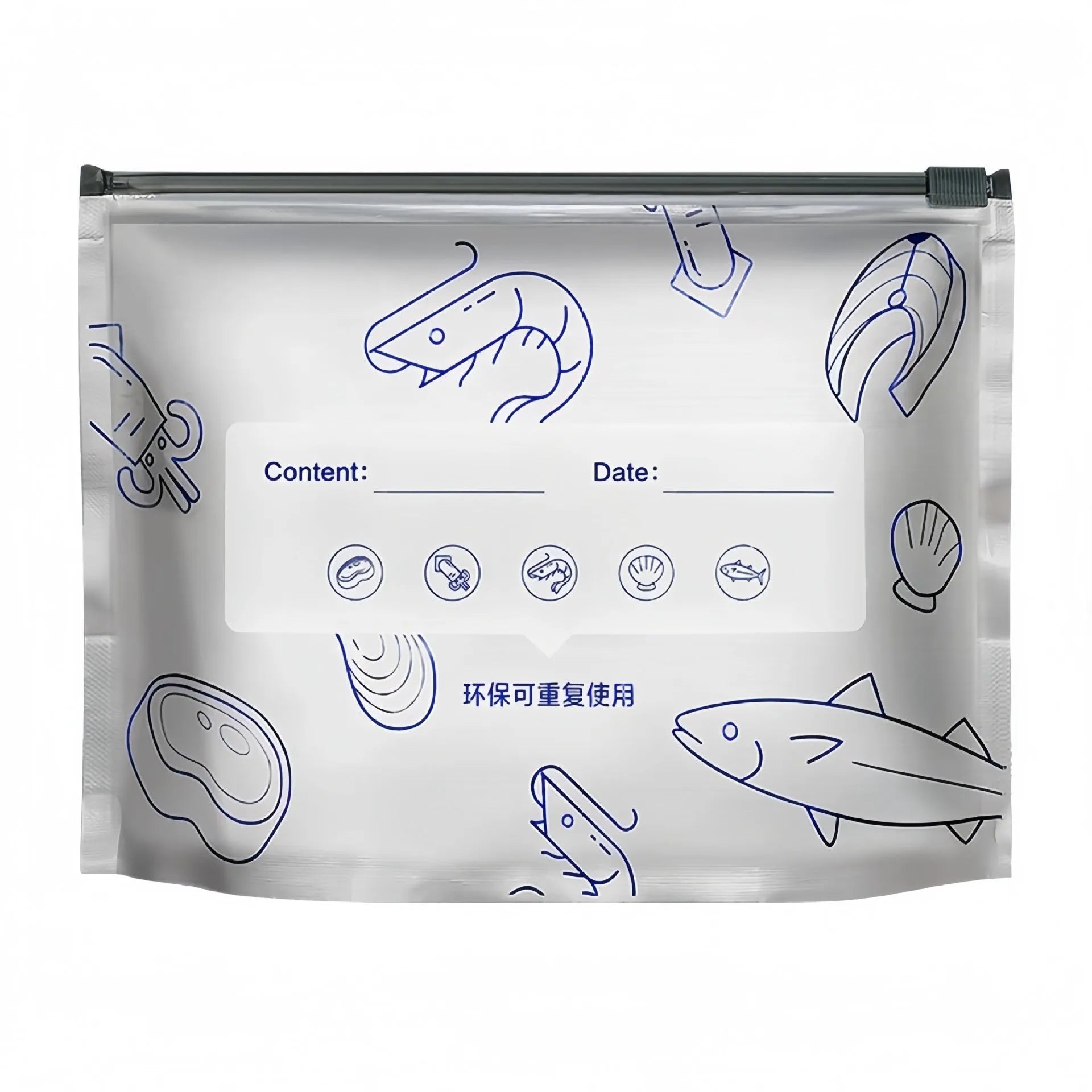 Set of aluminium foil sealed food storage bags and boxes in three different sizes on a kitchen counter.