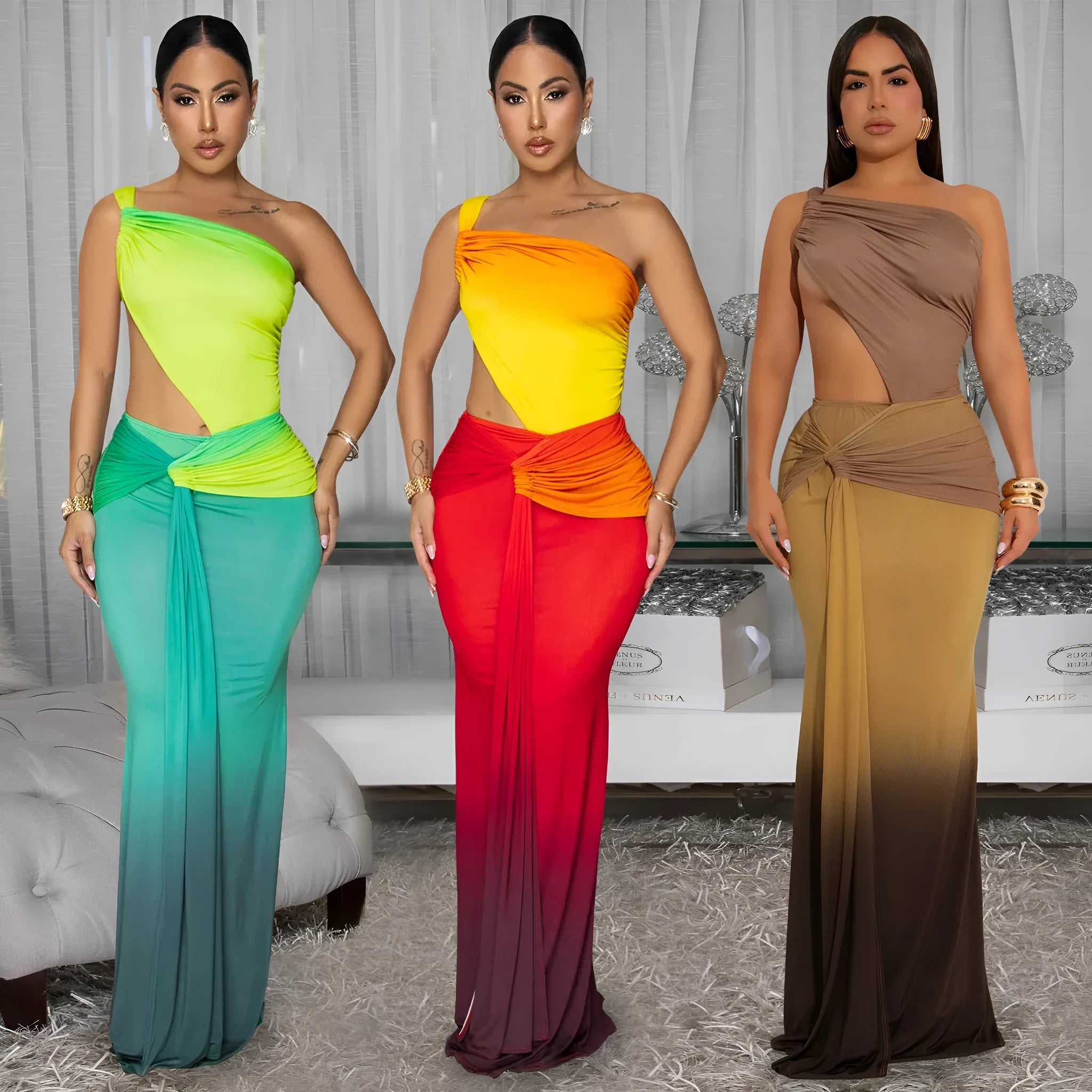 Women's gradient colour cross-shoulder summer dress with high waist and long skirt