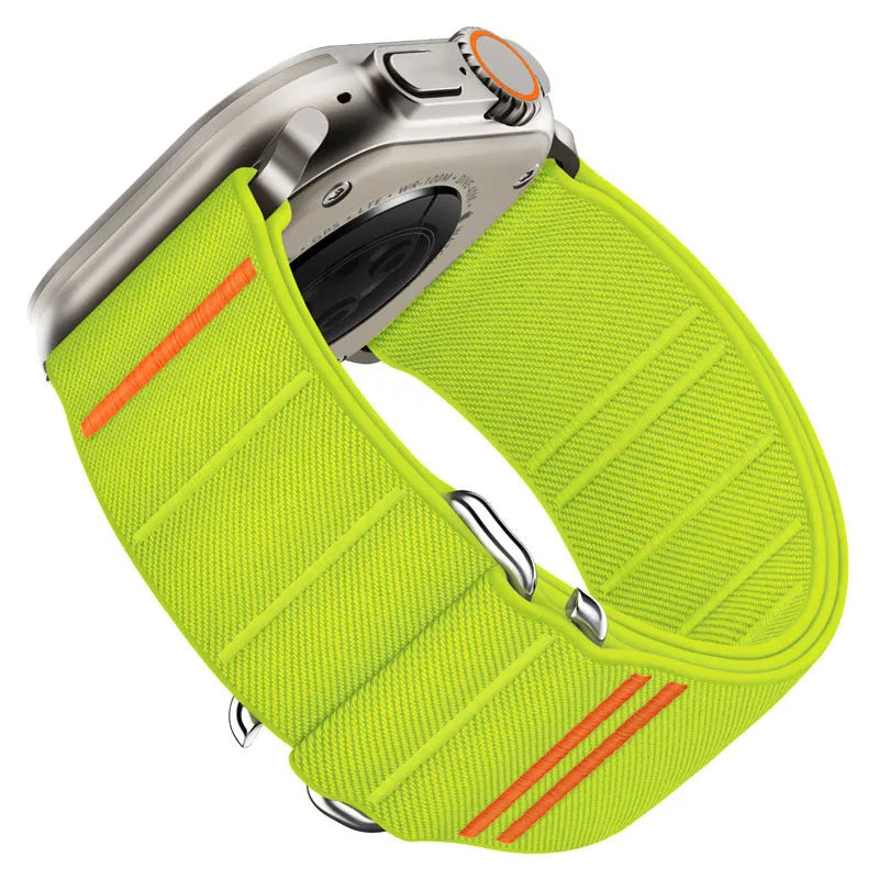 Elastic nylon watchband with stainless steel buckle for Apple Watch in multiple colour options.