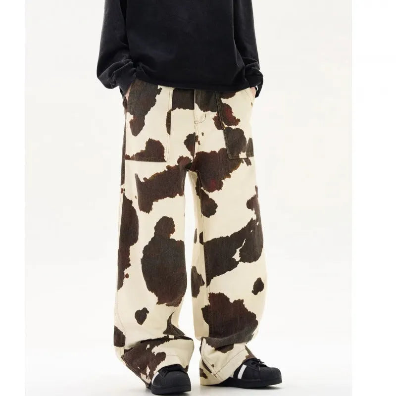 Men's straight-leg trousers with American retro cow pattern in 7698 cow colour showing cardigan button opening