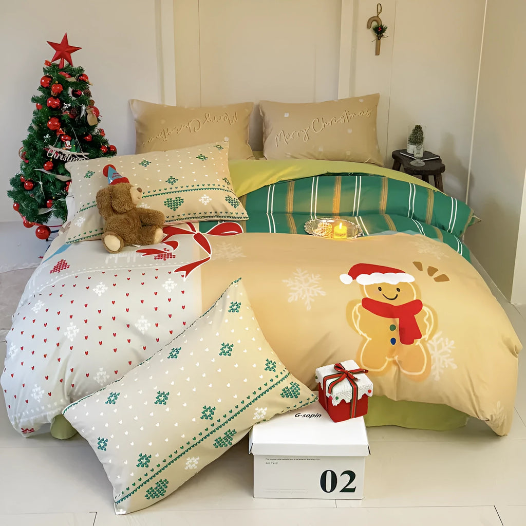 Super soft washed cotton Christmas bedding four-piece set with cartoon prints in multiple sizes