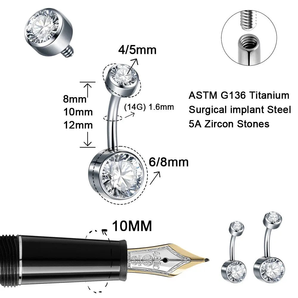 Titanium alloy navel piercing stud with double zircon decoration and internal thread closure in various colours