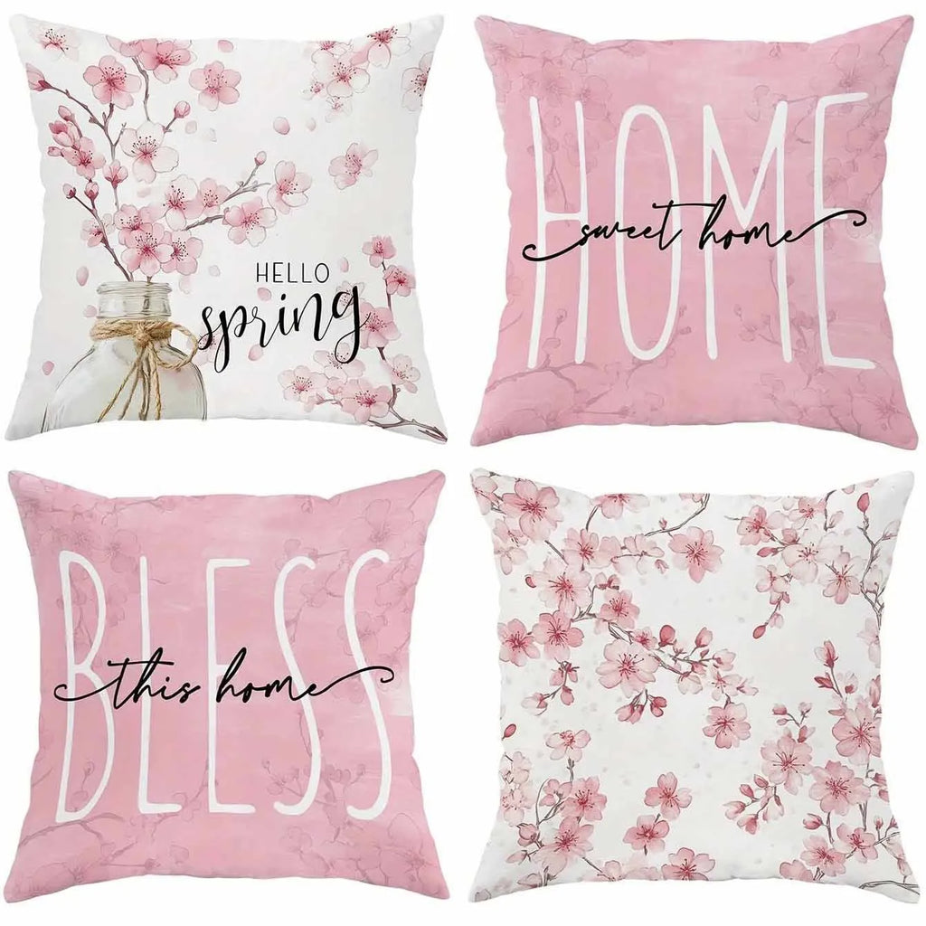Square cherry blossom letter cushion cover in short velvet fabric, 45cm size