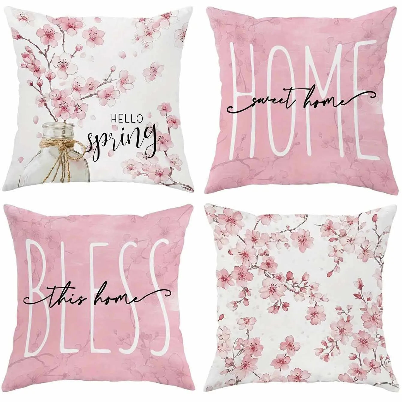 Square cherry blossom letter cushion cover in short velvet fabric, 45cm size
