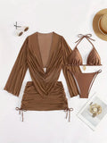 Women's black lace-up back bikini swimsuit laid flat, showing two-piece design and adjustable lacing.