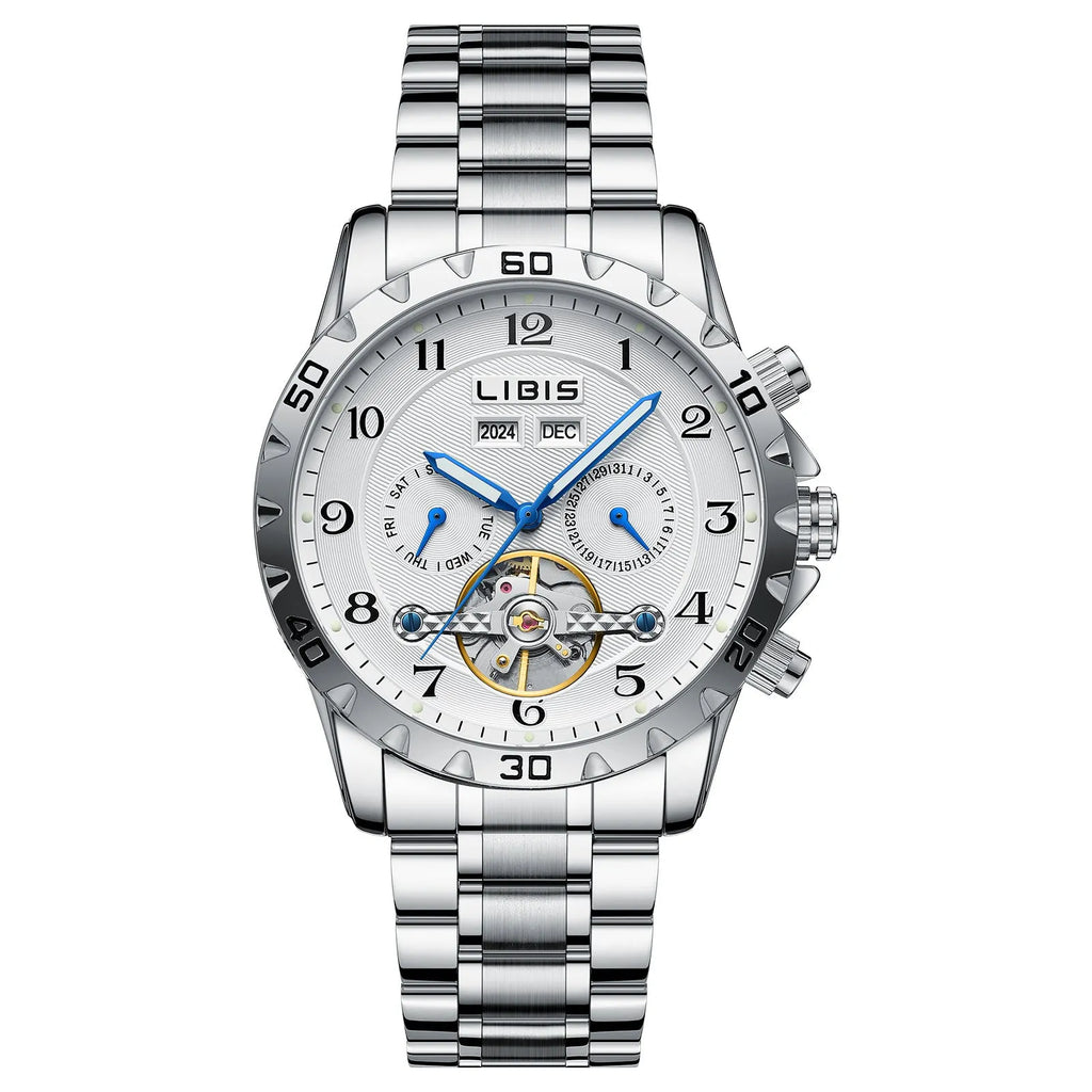 Men's silver automatic perpetual calendar watch with stainless steel strap