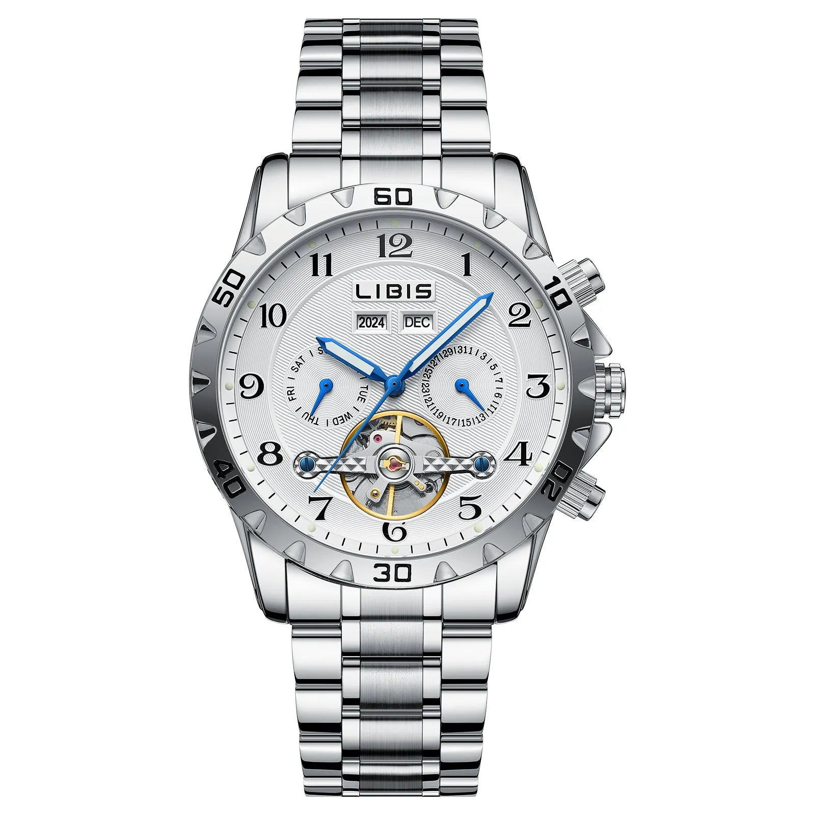 Men's silver automatic perpetual calendar watch with stainless steel strap