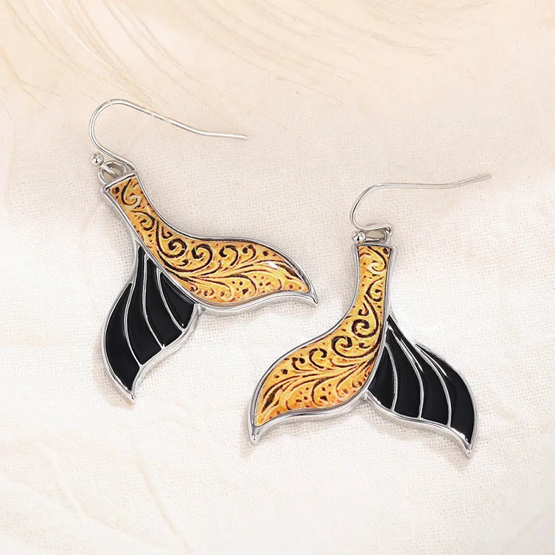 White gold colour fishtail earrings with retro whale design for women