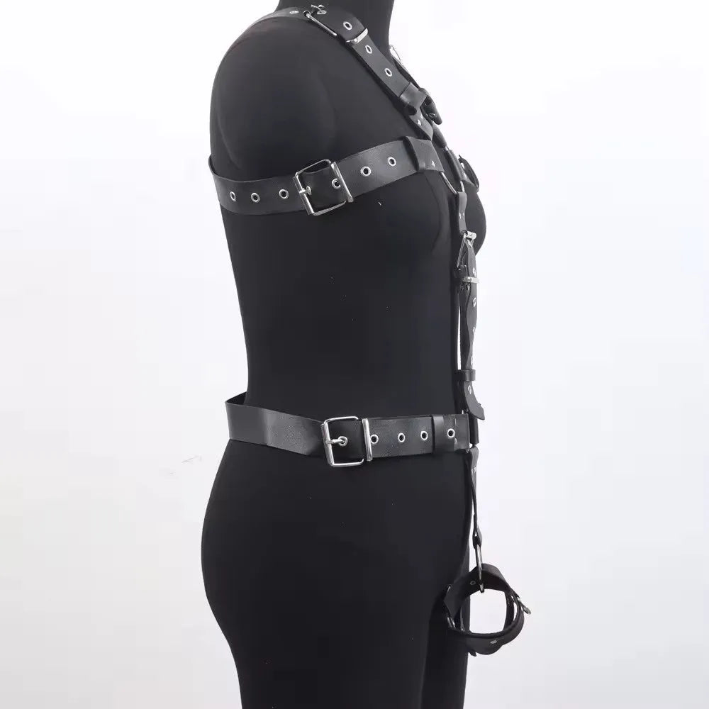 Black imitation leather shapewear with thin width and pin buckle fastening