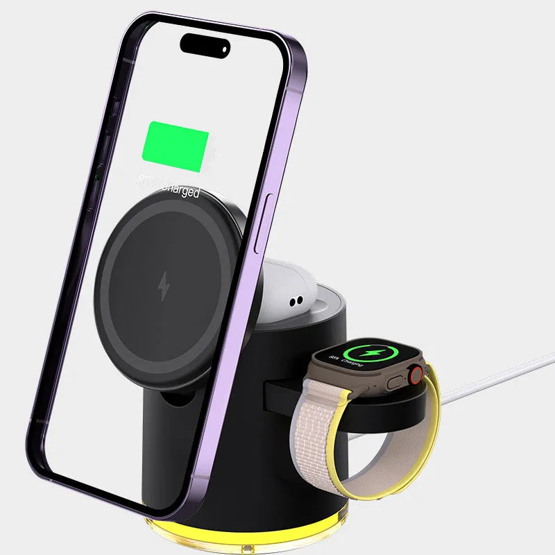 Foldable magnetic wireless charger C16 charging phone watch and earbuds in ivory white or black