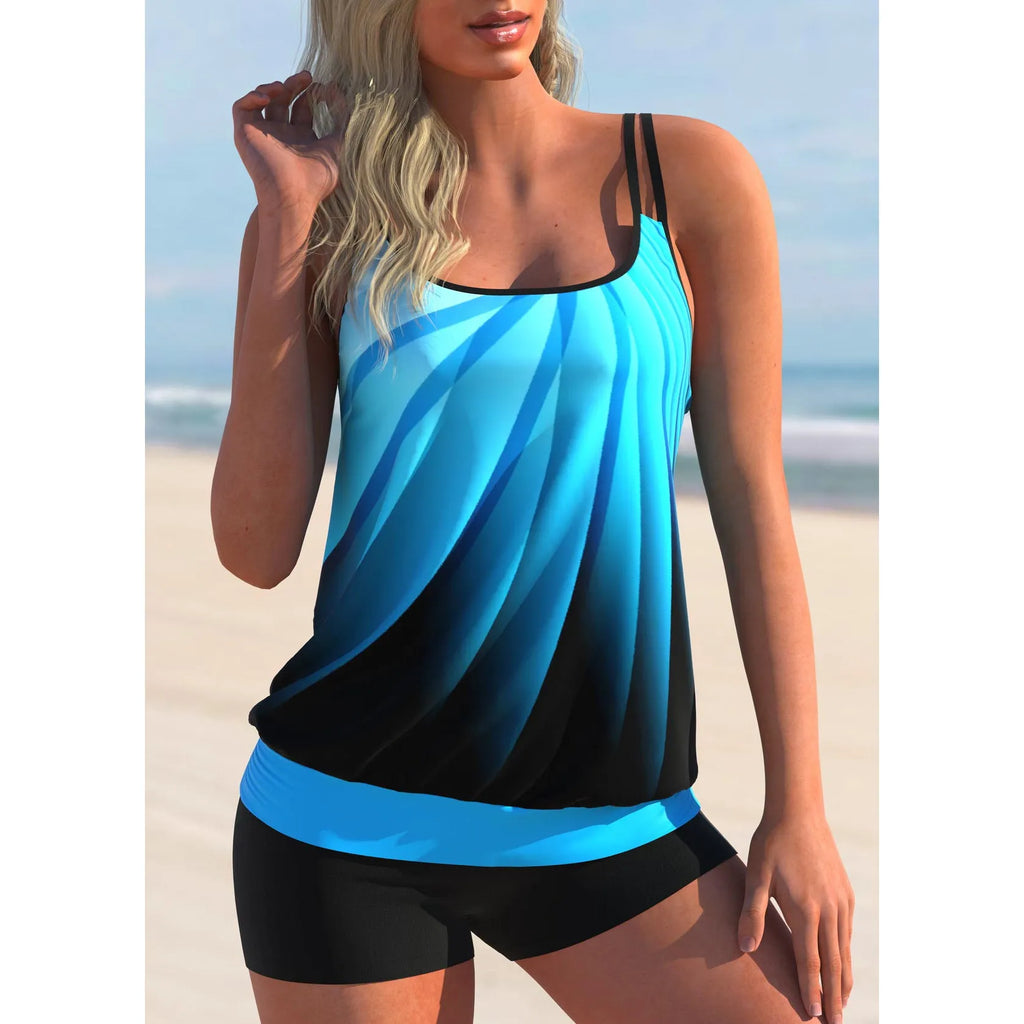 Plus size women's swimsuit set with shorts and printed butterfly pattern top