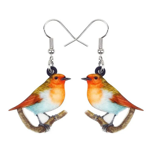 Blue titmouse pendant earrings printed on clear acrylic with animal geometry and snake design elements