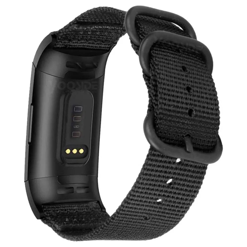 Fitbit Charge nylon replacement watch strap with a three-ring metal buckle shown in Army Green colour.