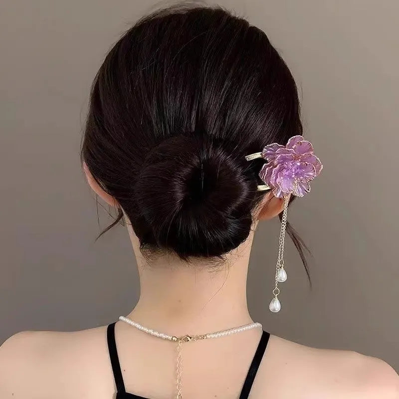Purple and white U-shaped hairpin with peony flower and tassel decoration, electroplated alloy construction