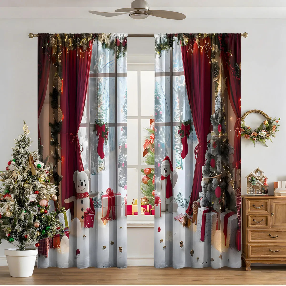 3D digitally printed Christmas curtains in polyester fabric with high sunshade functionality