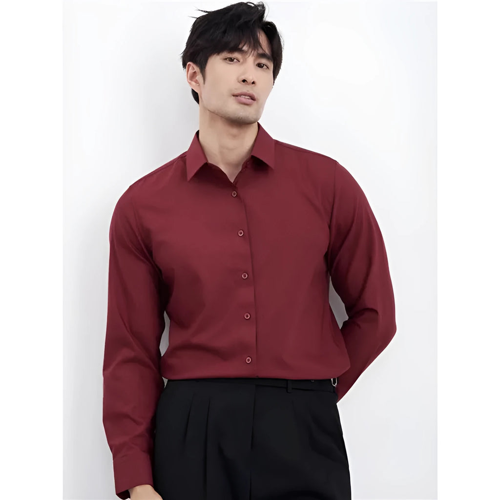 Men's wine red slim fit business casual shirt with long sleeves and non-iron fabric