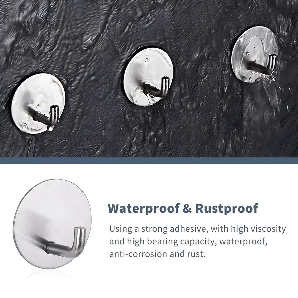 Round stainless steel self-adhesive hook in black and polished finishes for wall mounting.