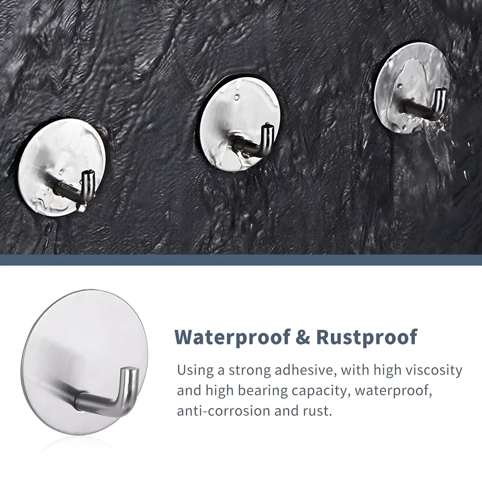 Round stainless steel self-adhesive hook in black and polished finishes for wall mounting.
