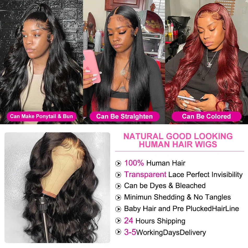 Black synthetic front lace wig with long curly hair and side bangs, shown on a model.