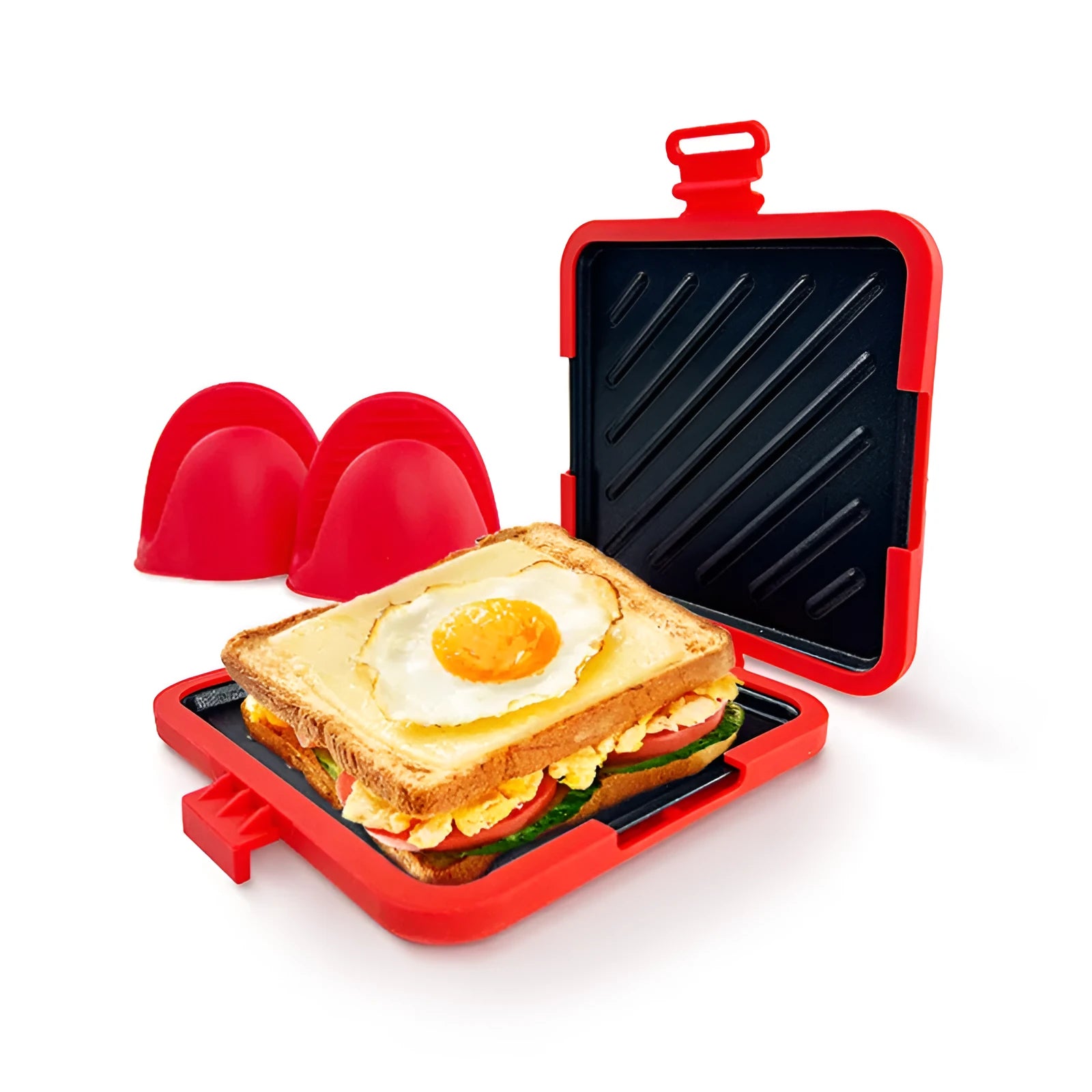 Red silicone baking tray with attached blue silicone gloves in a 3-in-1 anti-scald handbag design.