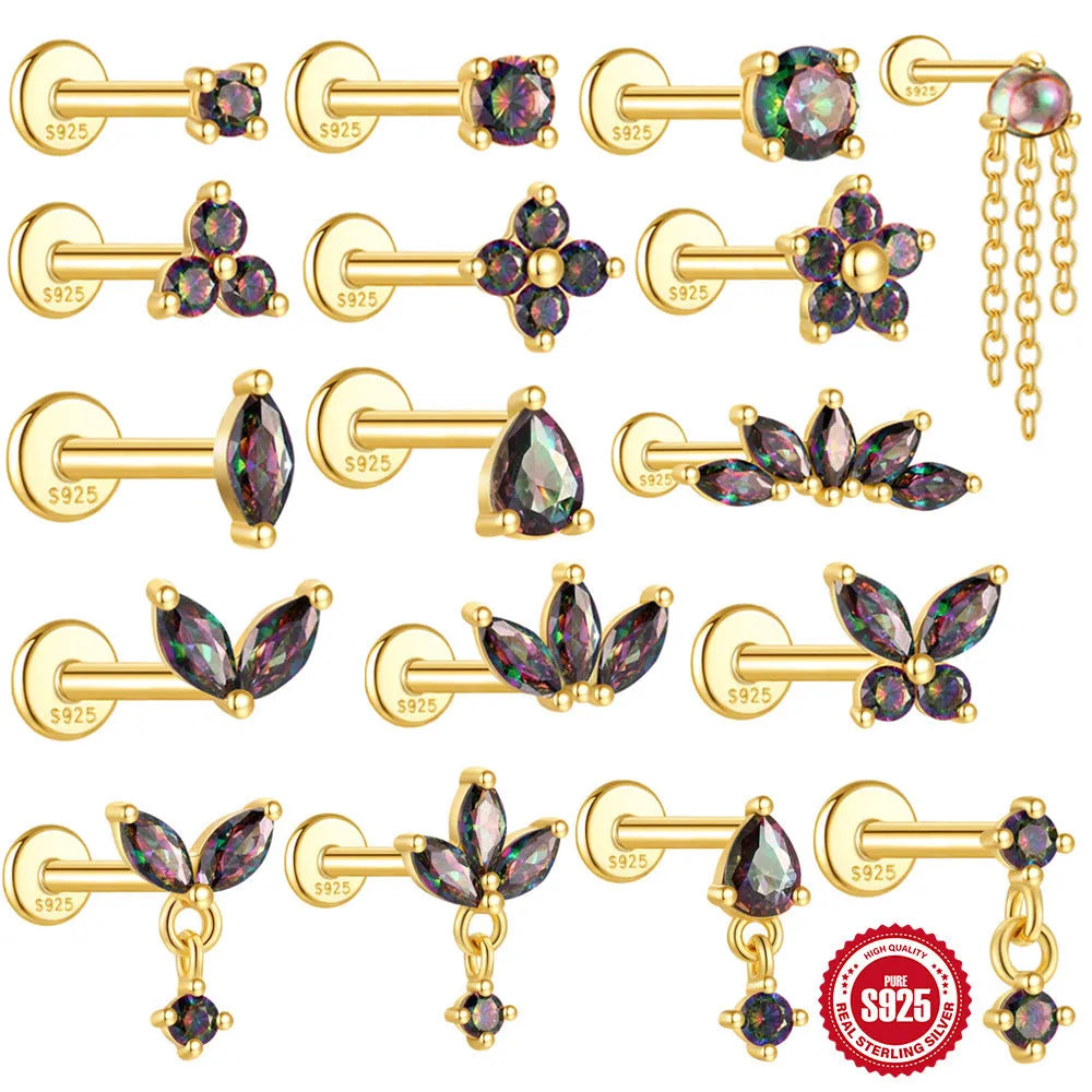 S925 sterling silver flat head thread piercing with rainbow stone accents in gold tone