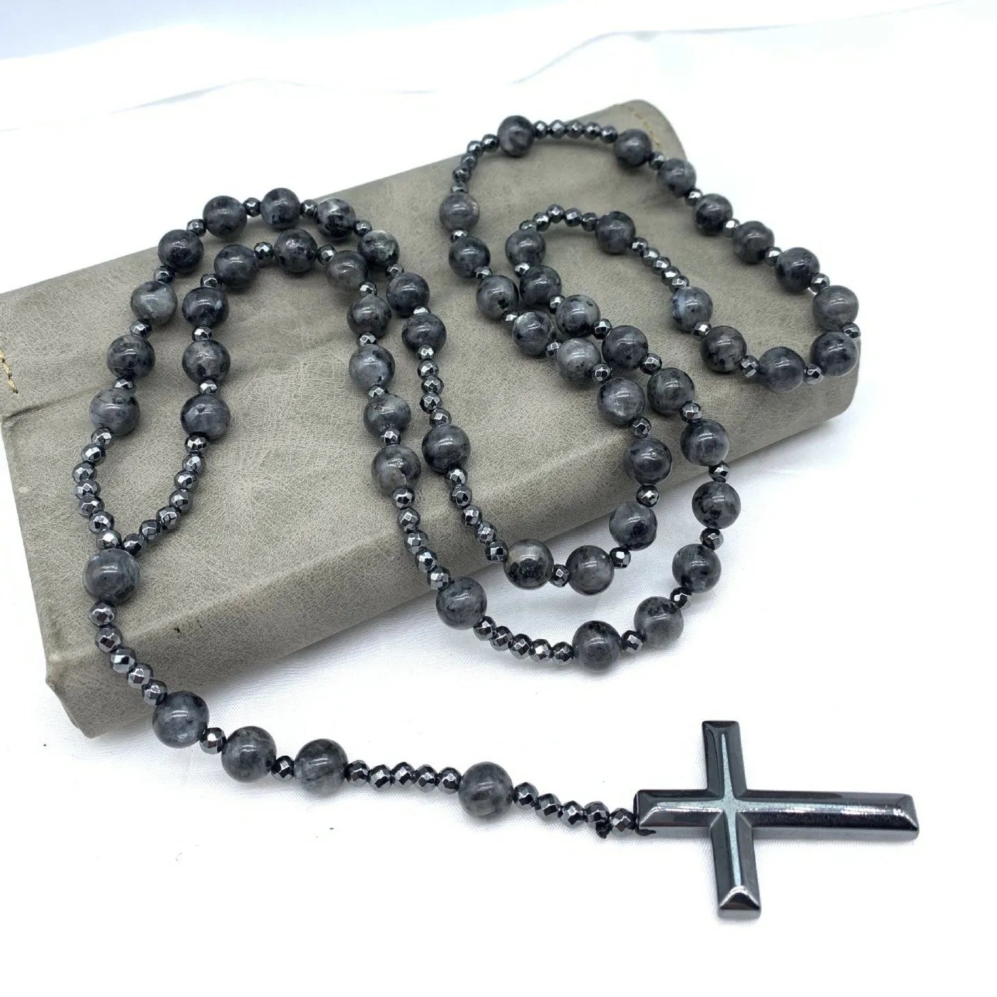 Stone geometric cross pendant on 80cm ball bead chain with safety lock clasp