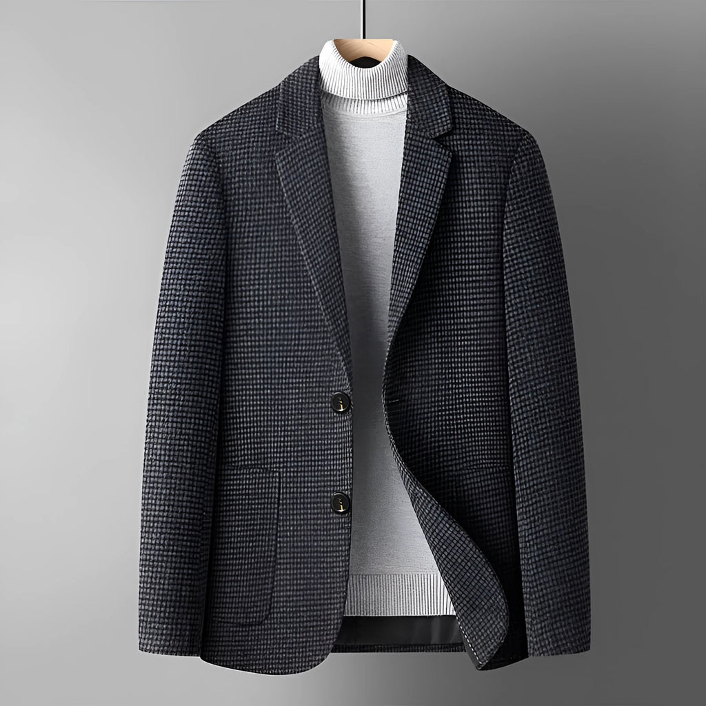 Men's slim fit solid colour wool suit jacket on a hanger, showing non-ironing finish and polyester lining detail.