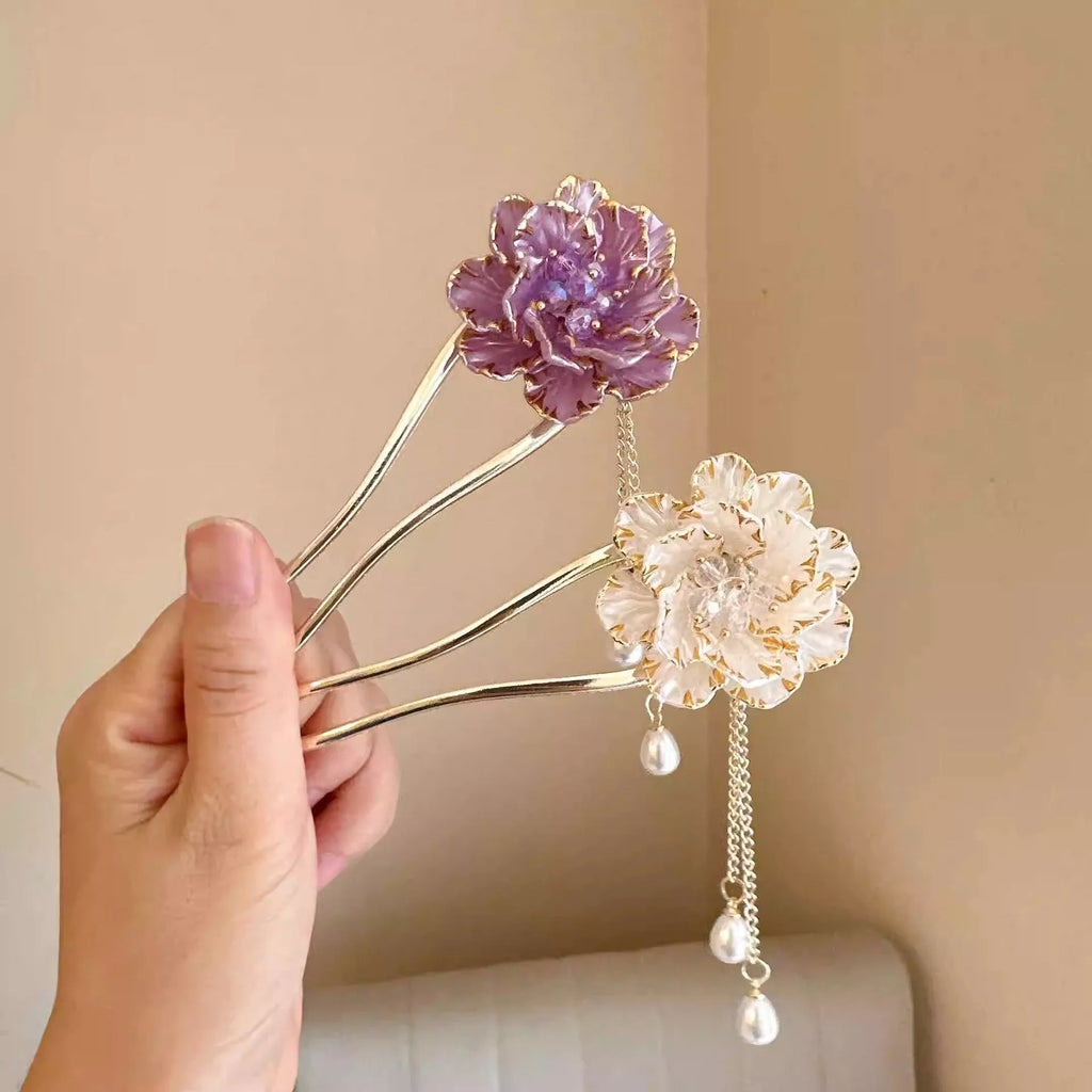 Purple and white U-shaped hairpin with peony flower and tassel decoration, electroplated alloy construction