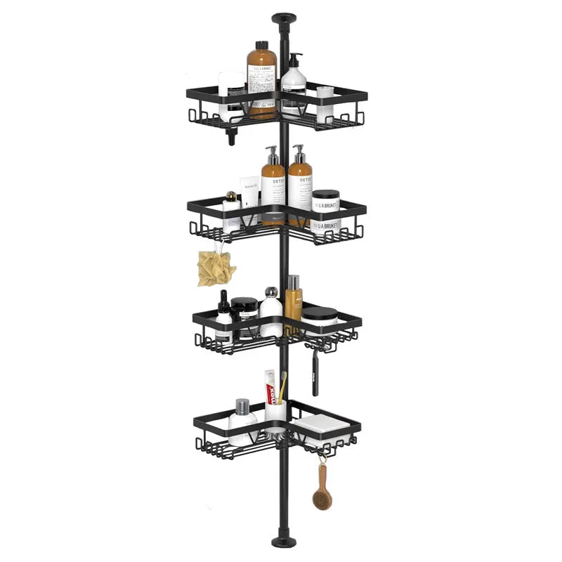 Stainless steel bathroom storage rack with four wire shelves, hole-free design