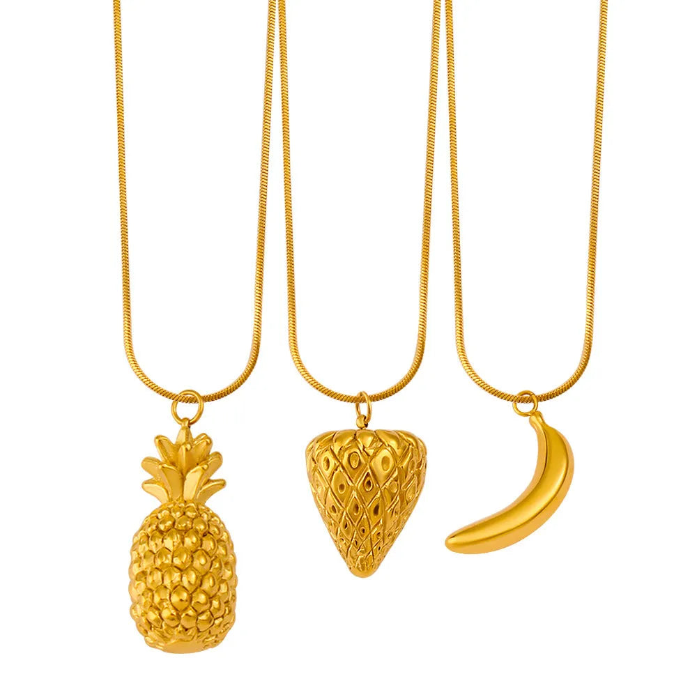 Stainless steel fruit necklace pendant on a chain, showing apple, grape, watermelon, pineapple, strawberry, and banana charm options.