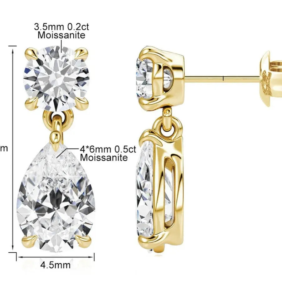 Sterling silver water drop moissanite stud earrings with geometric gold or silver plated design