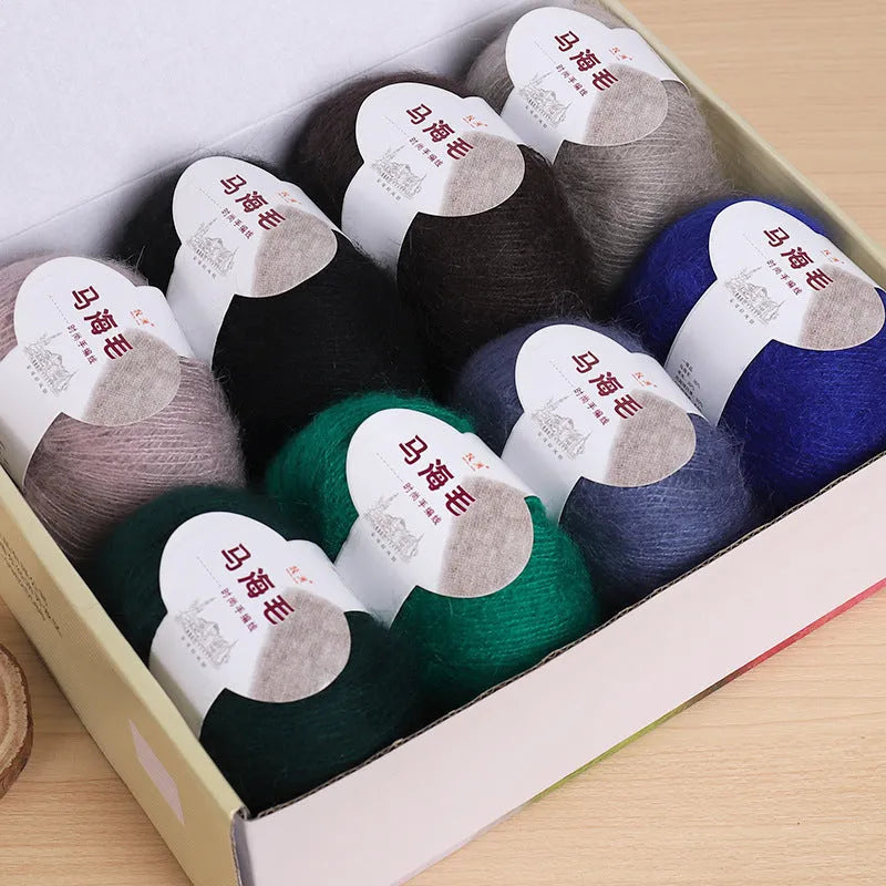Mohair wool ball for DIY scarf knitting with 34 colour options including white, grey, pink, blue and green