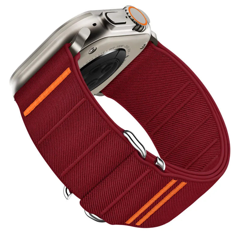 Elastic nylon watchband with stainless steel buckle for Apple Watch in multiple colour options.