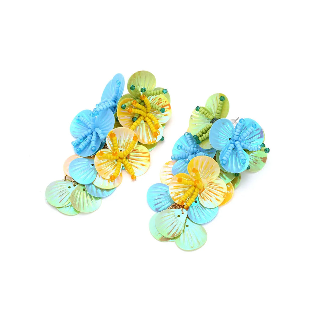 Handmade flower bead earrings in colourful, purple and rose colours with European American exaggerated style
