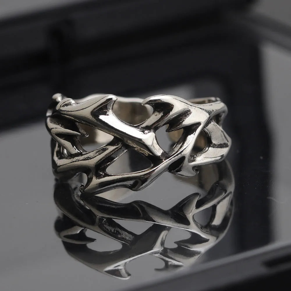 Copper mens ring with geometric thorn flower pattern and adjustable opening mechanism