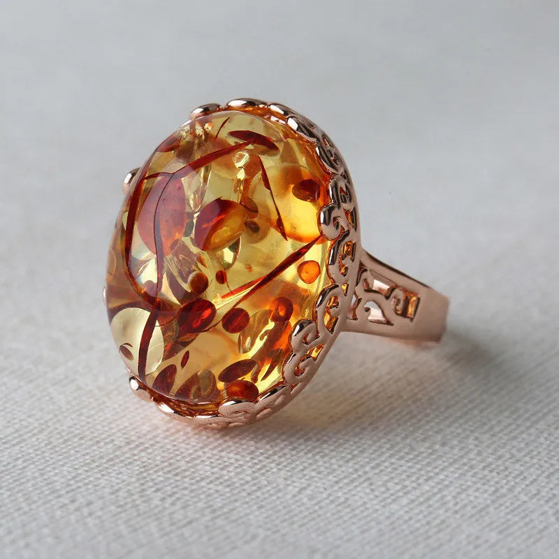 Beeswax amber ring for men and women with New Amber Type A stone in retro ethnic style on alloy band.