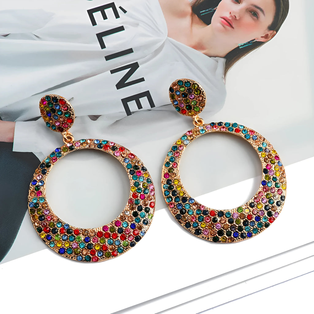 Women's colourful cartoon-style metal pendant earrings with large round design and diamond elements