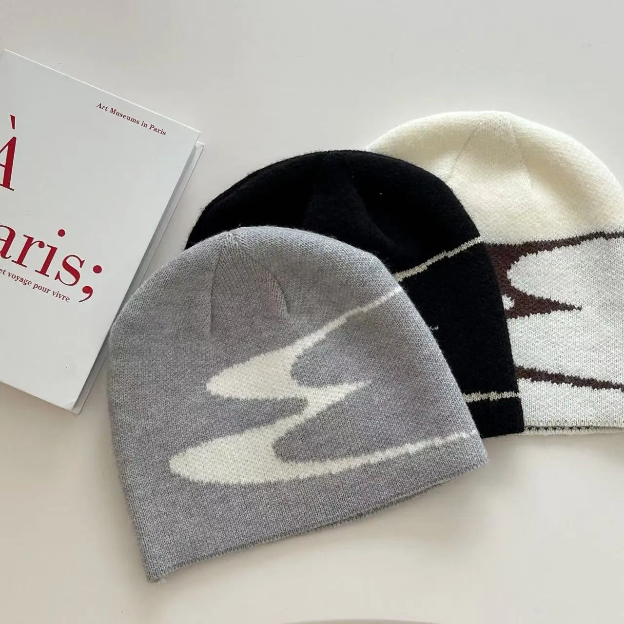 Acrylic thermal beanie hat in white grey black colours for autumn winter wear